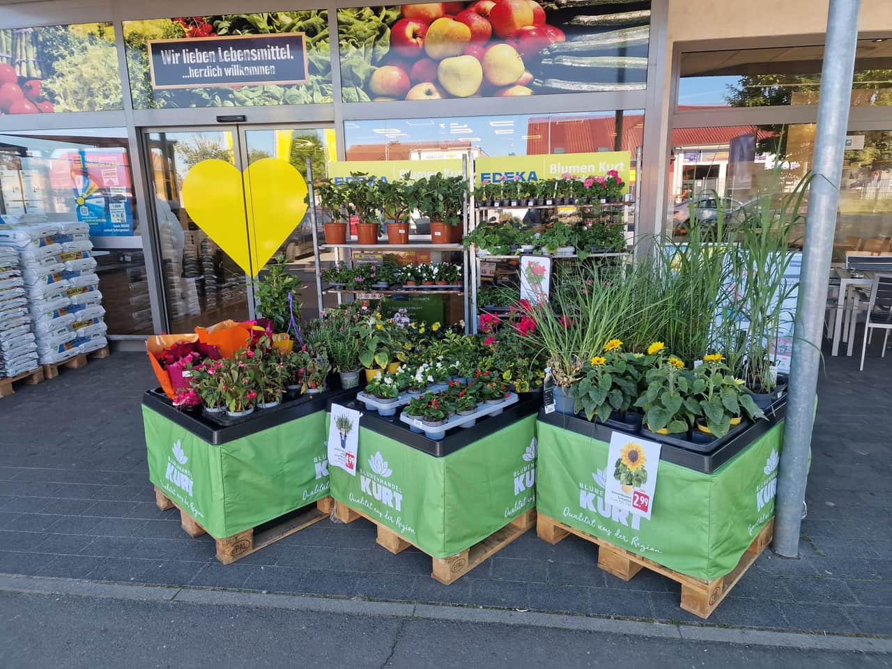 Bestückte Blumen-Auslage von Blumenhandel Kurt am Markteingang